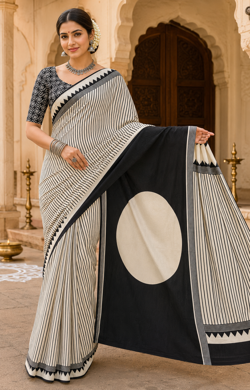 Ivory Black Striped Printed Saree